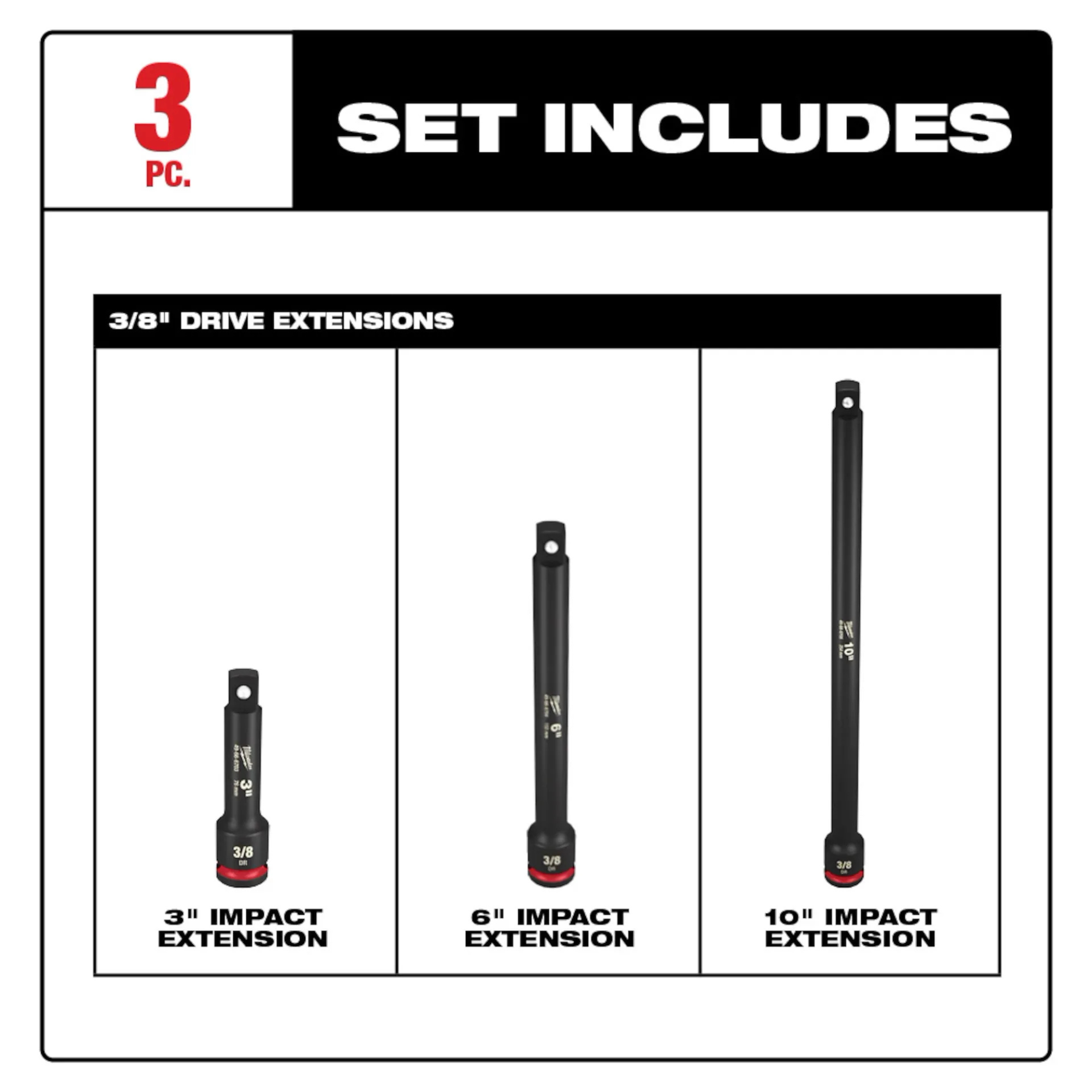 Milwaukee 3PC SHOCKWAVE Impact Duty 3/8" Drive Extension Set from GME Supply